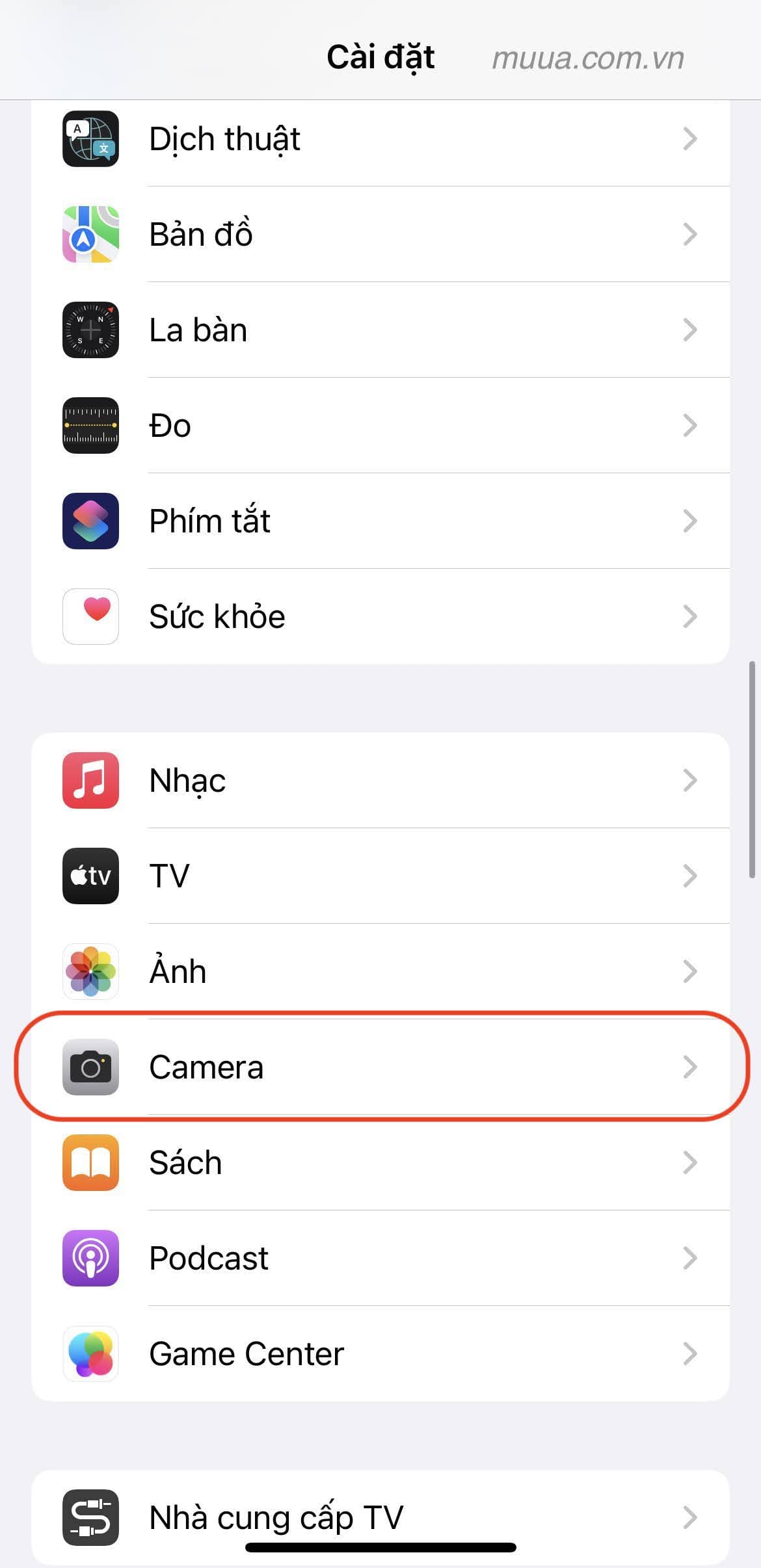 Mở Cài đặt > Camera